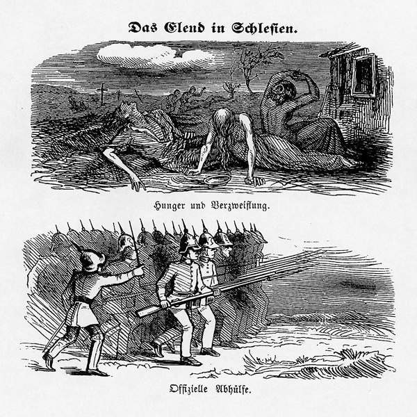 Politische Karikatur auf die Weberaufstände. Aus den Fliegenden Blättern 1848.
