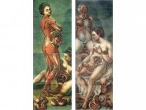 Jacques Fabien Gautier d'Agoty: Links: Stehende schwangere Frau von der Seite und geöffnete sitzende Frau (1773), Rechts: Frau und Neugeborenes (Gebärmutter geöffnet) mit einer anderen Frau oben
